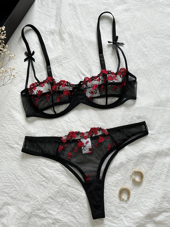 Calyra - Rose Embroidered Lingerie Set