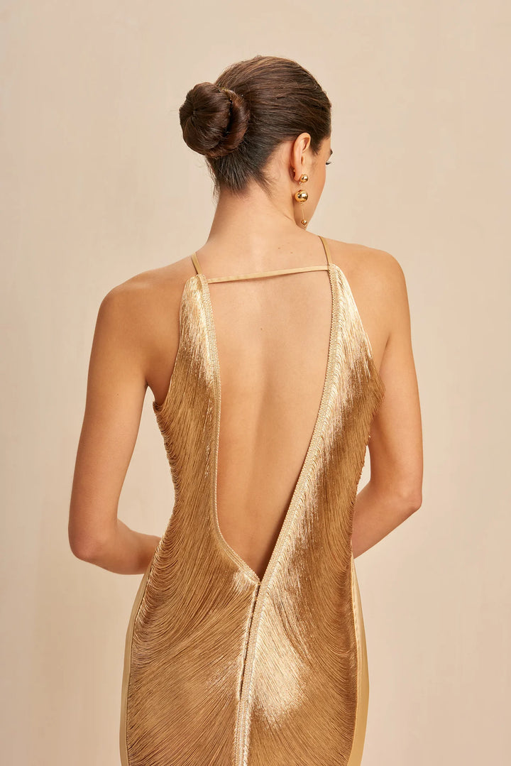Verity -  Fringe Halter Gown