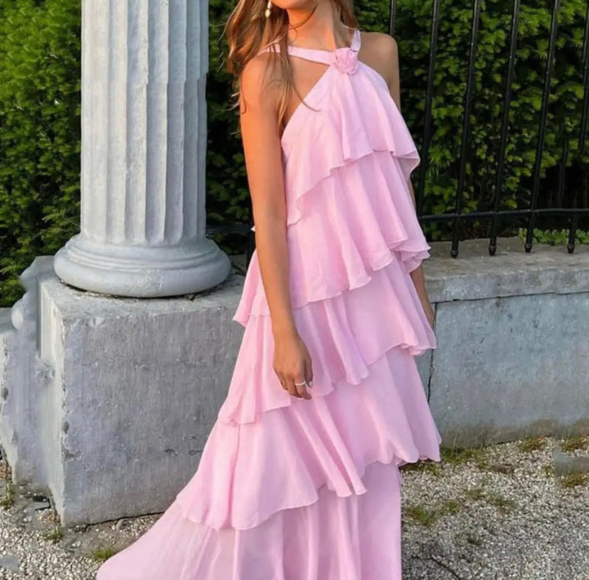 Eryndra - Halterneck Layered Ruffle Maxi Dress