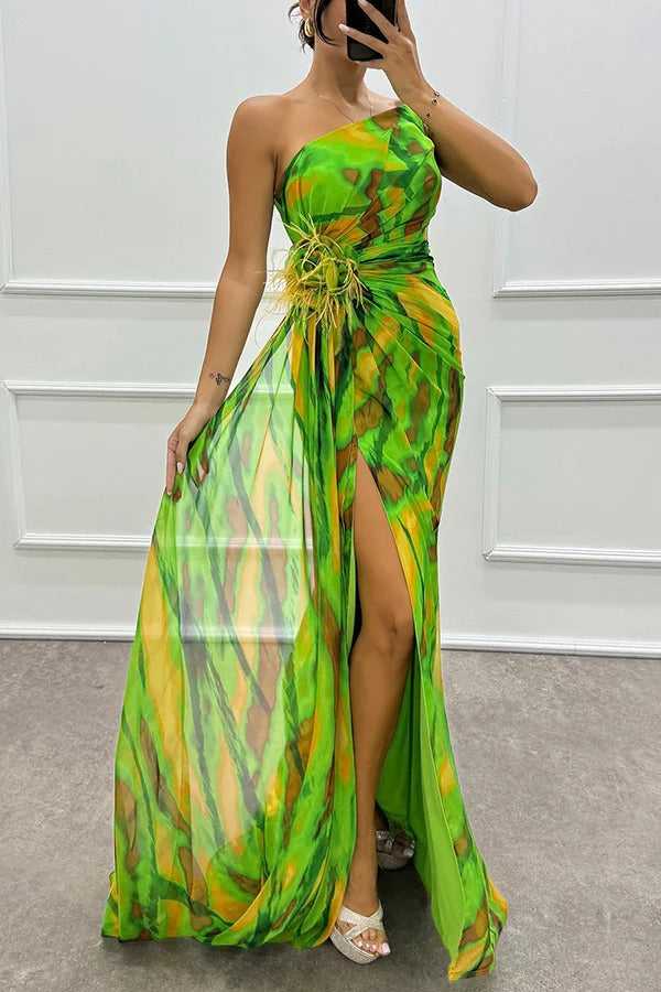 Illyra - Off-Shoulder Slit Printed Maxi Dress