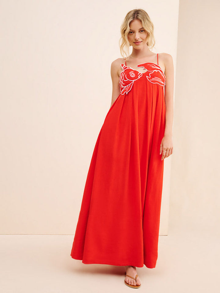 Audrie - Red Fish Embroidered Maxi Dress