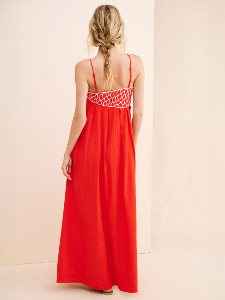 Audrie - Red Fish Embroidered Maxi Dress