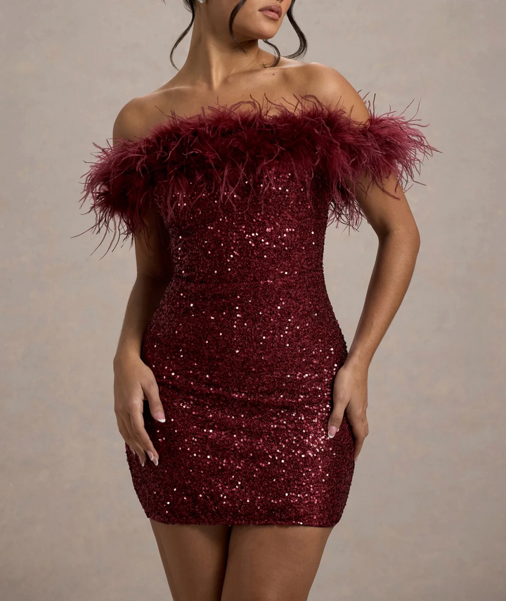 Velyndra - Off-Shoulder Fur Shimmer Mini Dress