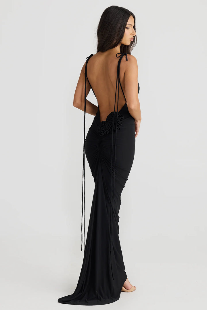 Avenlira - Backless Rose Knot Maxi Dress