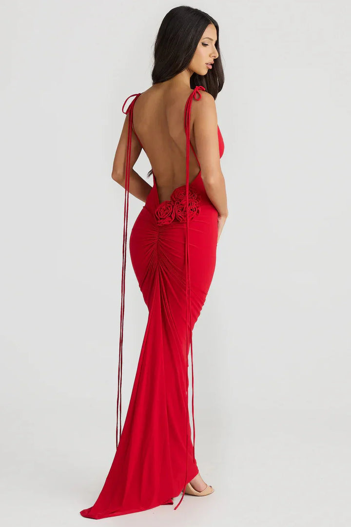 Avenlira - Backless Rose Knot Maxi Dress